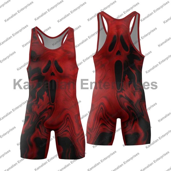 Horror Style Skull Print Wrestling Singlet with Red and Black Abstract Art Manufacturers, Suppliers, Exporters in USA (United States)